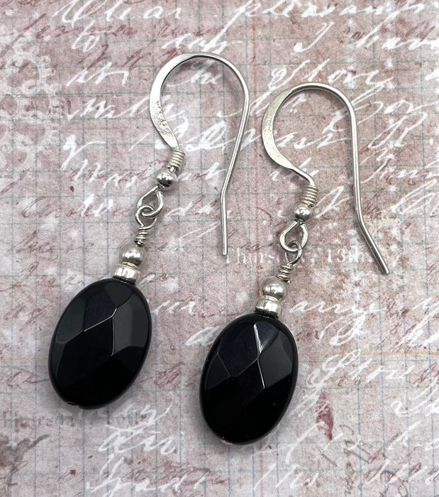 Faceted Black Onyx Oval Earrings in Sterling Silver