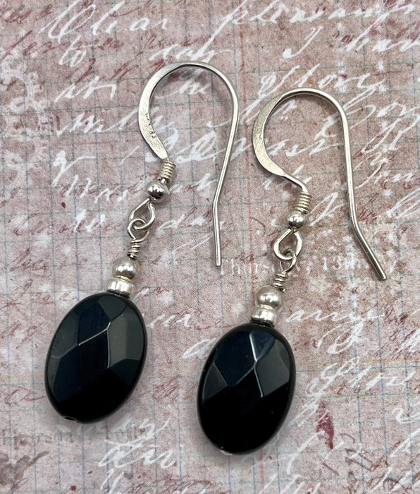 Faceted Black Onyx Oval Earrings in Sterling Silver