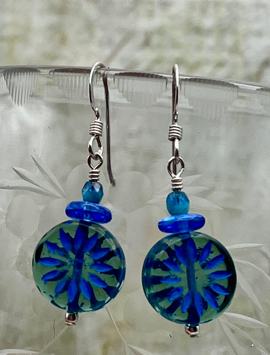 Blue Abstract Floral Czech Glass Earrings