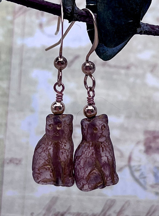 Soft Purple Cat Czech Glass Earrings