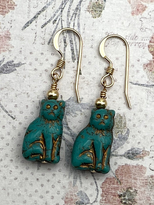 Blue-Green Czech Glass Cat Earrings
