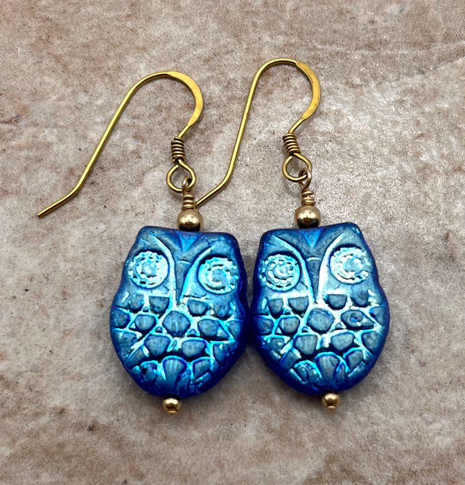 Cobalt Owl Czech Glass Earrings