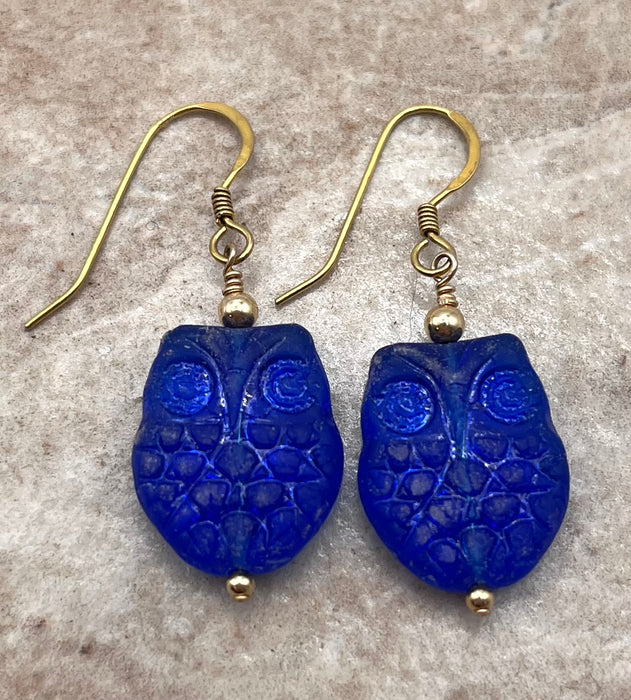Cobalt Owl Czech Glass Earrings