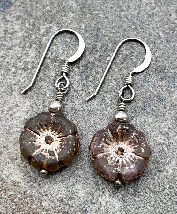 Pale Mauve Hibiscus Czech Glass Earrings in Sterling Silver