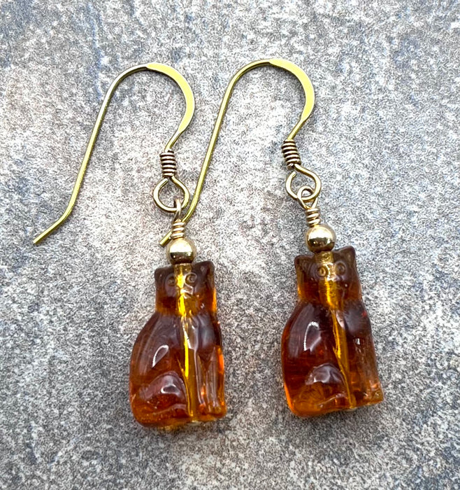 Amber Cat Czech Glass Earrings