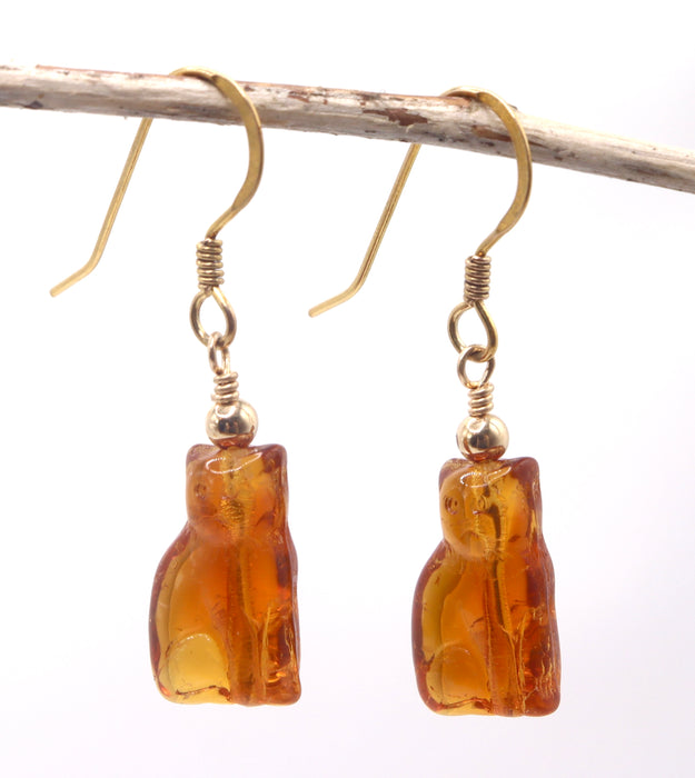 Amber Cat Czech Glass Earrings