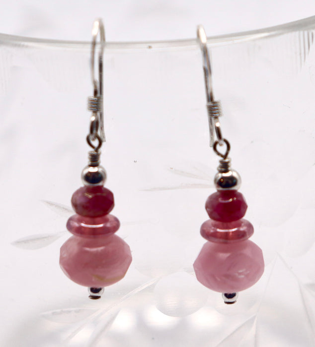 Rose Pink Stacked Czech Glass Earrings in Sterling Silver