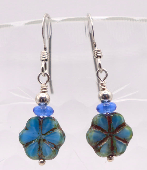 Delicate Blue-Green Czech Glass Flower Earrings in Sterling Silver