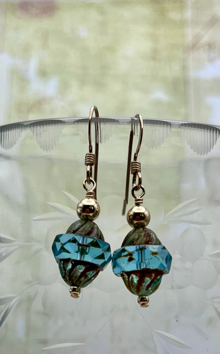 Translucent Banded Czech Glass Drop Earrings in 14k gold-filled