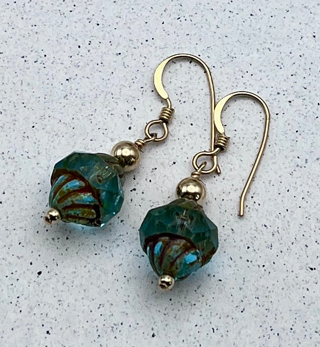 Translucent Banded Czech Glass Drop Earrings in 14k gold-filled