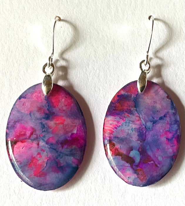 Blue & Pink Layered Alcohol Ink Large Oval Earrings