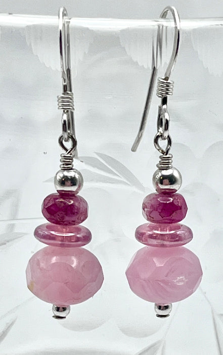 Rose Pink Stacked Czech Glass Earrings in Sterling Silver