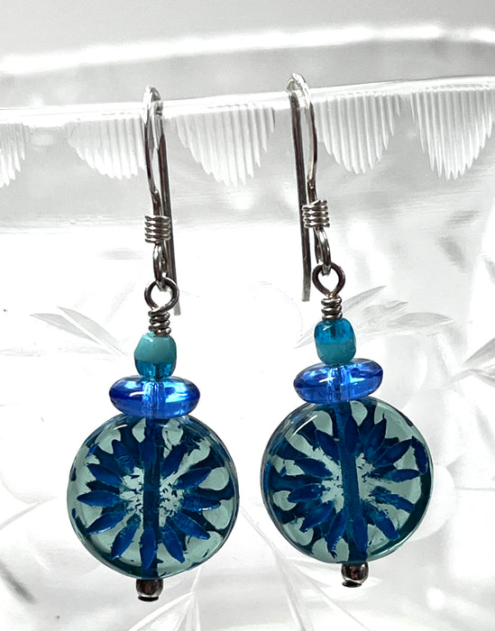 Blue Abstract Floral Czech Glass Earrings