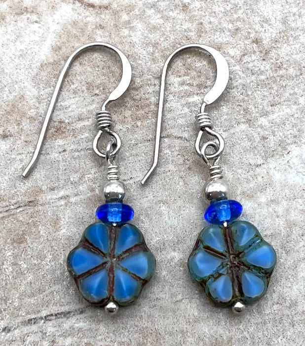 Delicate Blue-Green Czech Glass Flower Earrings in Sterling Silver