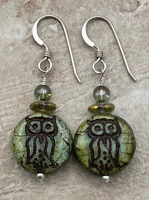 Wise Green Owl Czech Glass Earrings in Sterling Silver