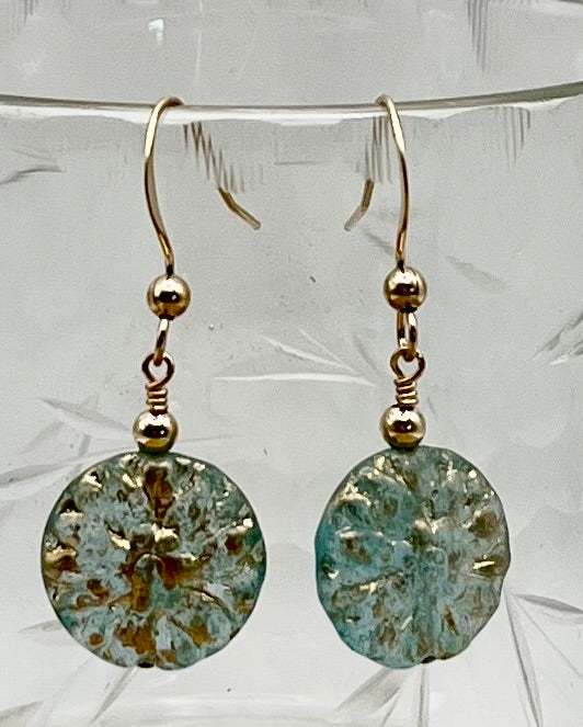 Translucent Pale Blue-Green Czech Glass Dahlia Earrings in 14k Gold-filled