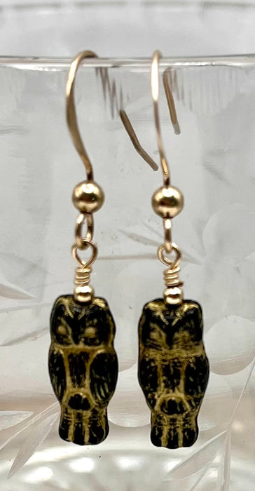 Slender Black and Gold Owl Czech Glass Earrings in 14k gold-filled