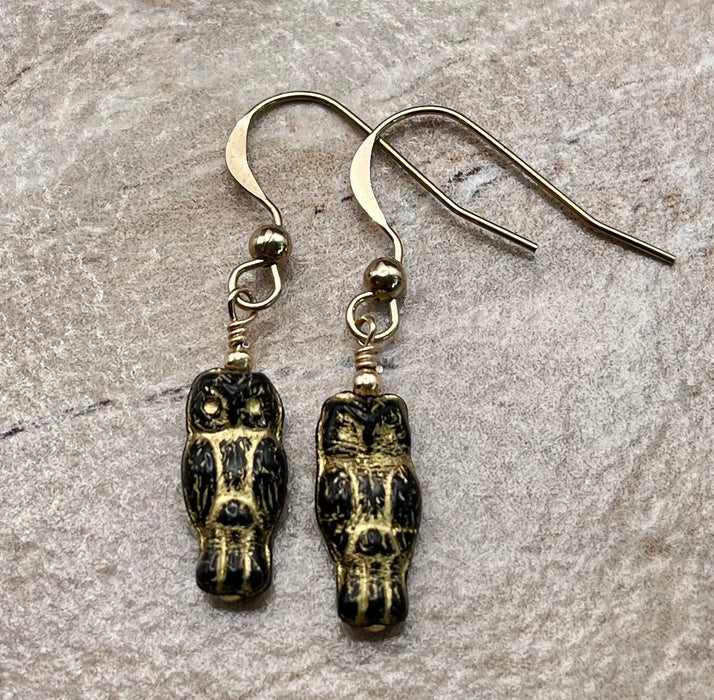Slender Black and Gold Owl Czech Glass Earrings in 14k gold-filled