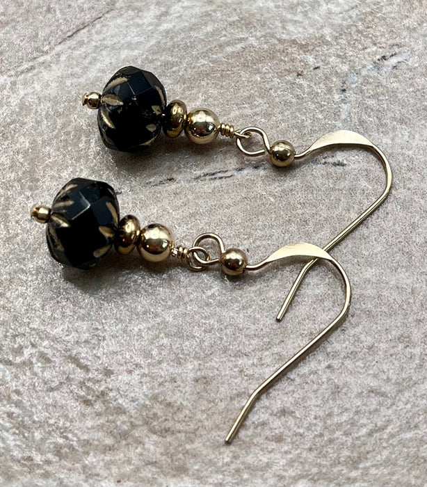 Faceted Black and Gold Etched Czech Glass Earrings in 14k Gold-Filled