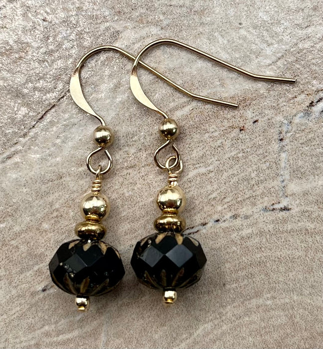Faceted Black and Gold Etched Czech Glass Earrings in 14k Gold-Filled