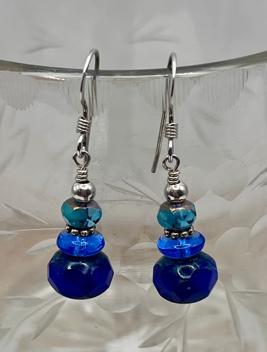 Blue Stacked Czech Glass Earrings in Sterling Silver