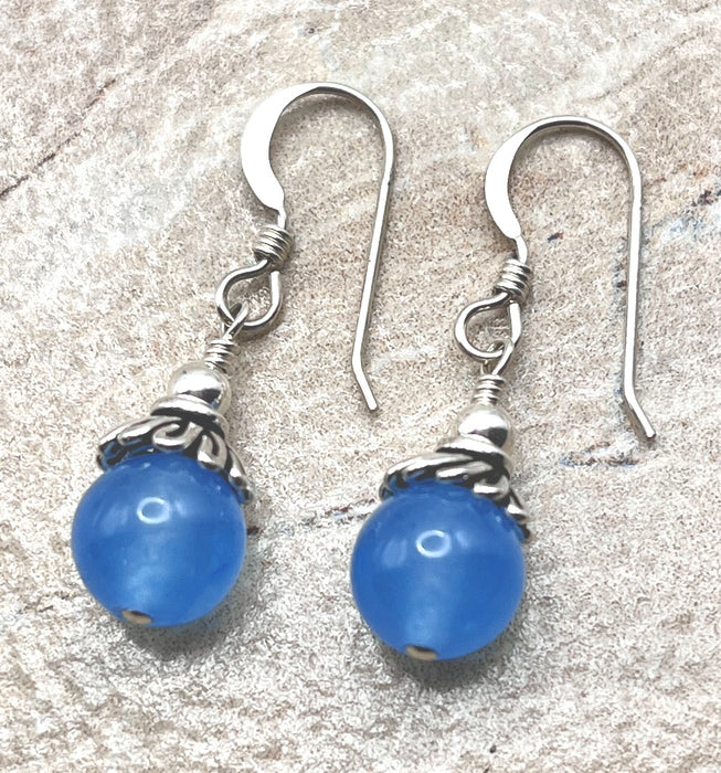 Deep Blue Chalcedony Earrings in Sterling Silver
