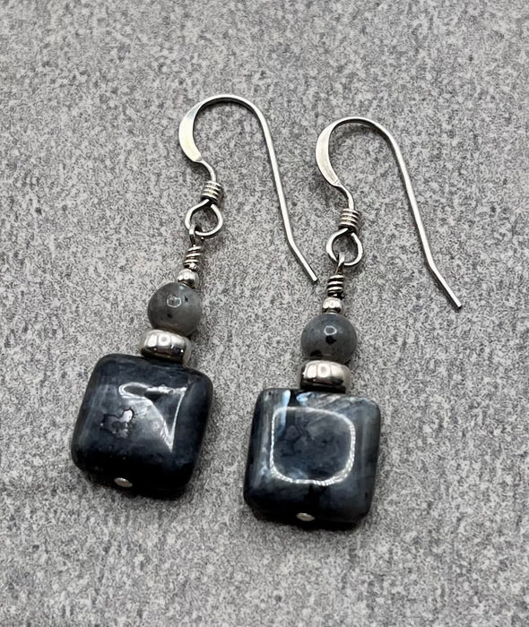 Black Larvikite Square Dangle Earrings in Sterling Silver