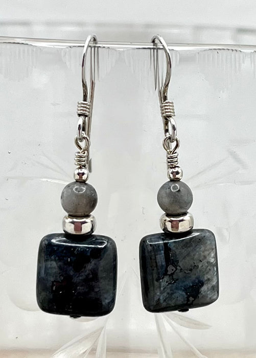 Black Larvikite Square Dangle Earrings in Sterling Silver
