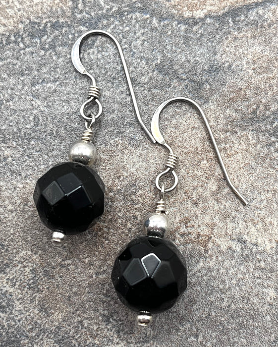 Faceted Black Onyx Drop earrings in Sterling Silver