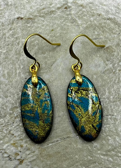 Teal and Gold Oval Art Earrings