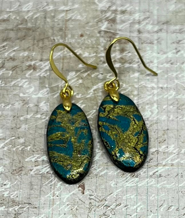 Teal and Gold Oval Art Earrings