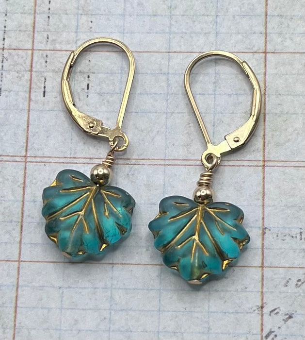 Czech Glass Green & Metallic Leaf Earrings in 14k Gold-Filled