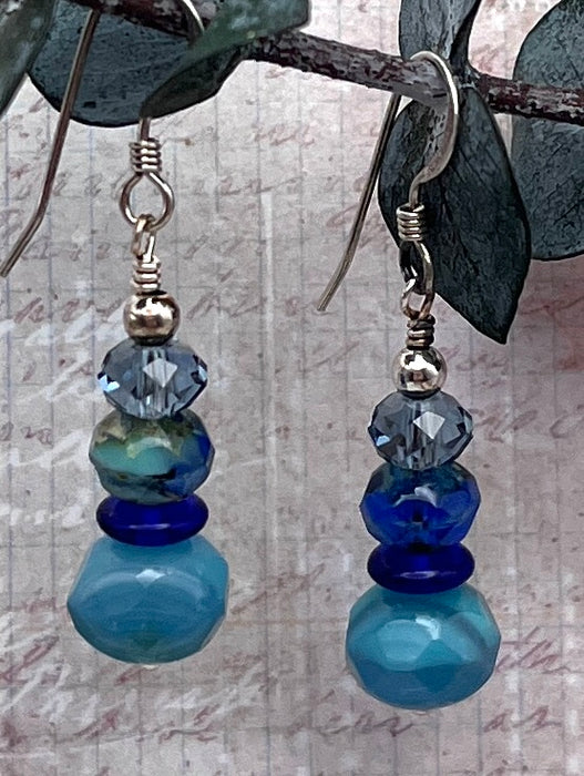 Blue & Aqua Stacked Czech Glass Earrings