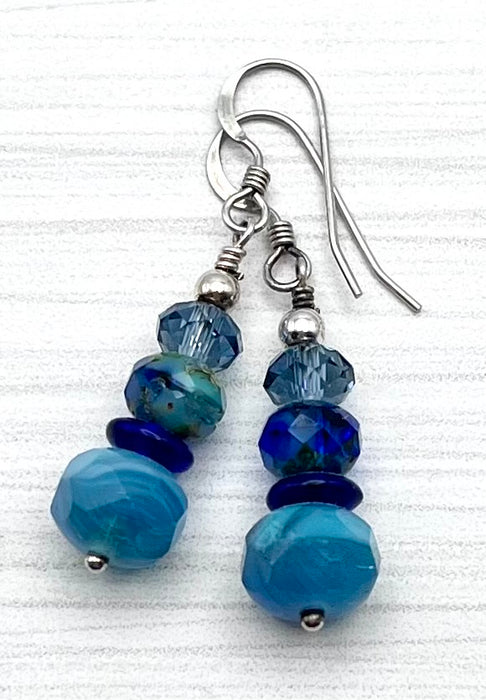Blue & Aqua Stacked Czech Glass Earrings