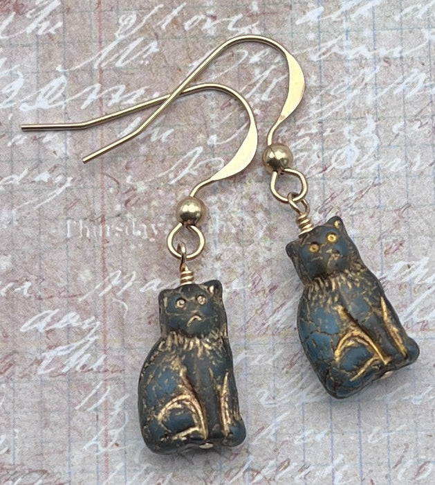 Slate & Gold Cat Czech Glass Earrings