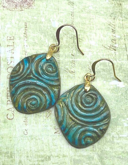 Pale Aqua, Green and Gold Spiral Art Earrings