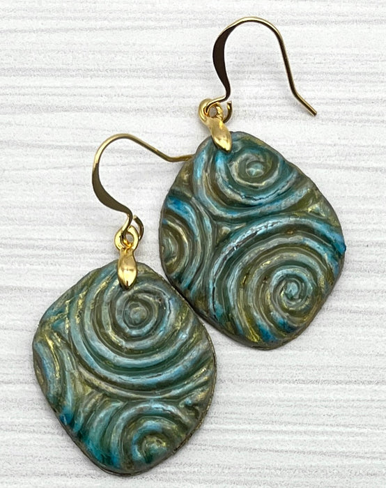 Pale Aqua, Green and Gold Spiral Art Earrings