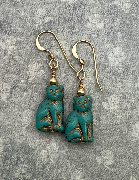 Blue-Green Czech Glass Cat Earrings