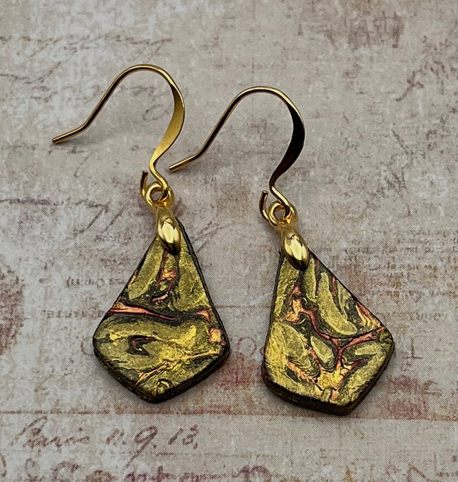 Dimensional Gold, Copper & Magenta "Shield" Art Earrings