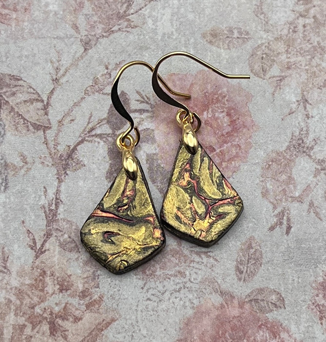 Dimensional Gold, Copper & Magenta "Shield" Art Earrings