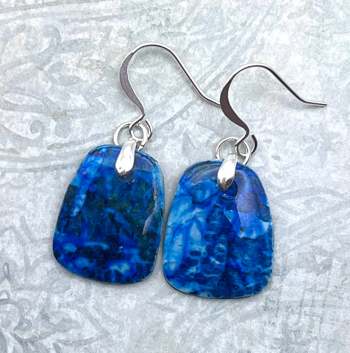 Blue-Aqua Alcohol Ink Earrings on Polymer Clay