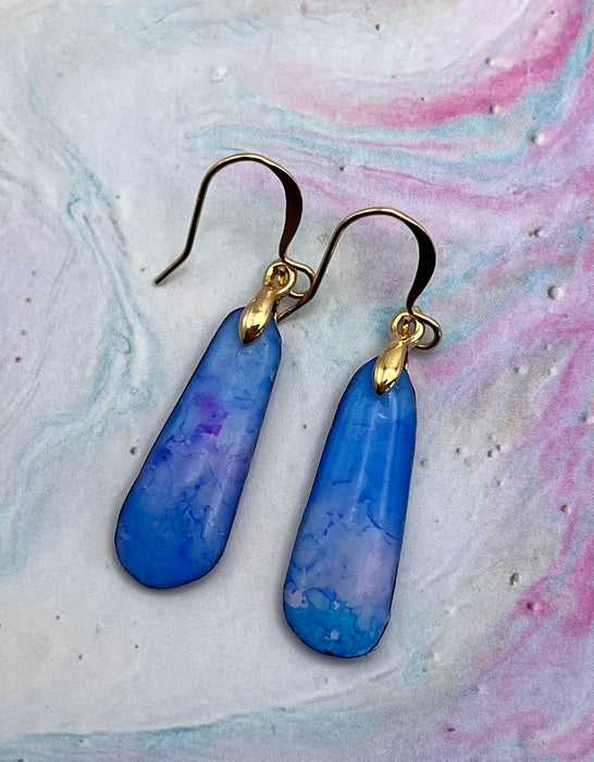 Medium Long Blue with Magenta Alcohol Ink Earrings