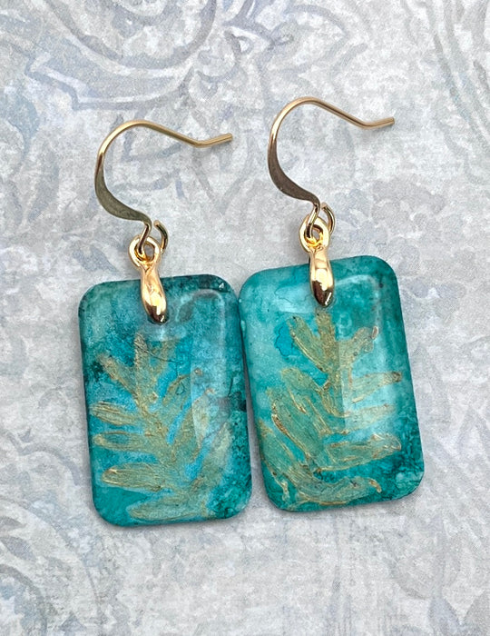 Green with Gold Floral Accent Alcohol Ink Art Earrings