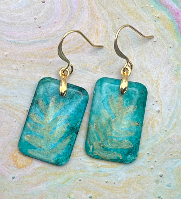 Green with Gold Floral Accent Alcohol Ink Art Earrings