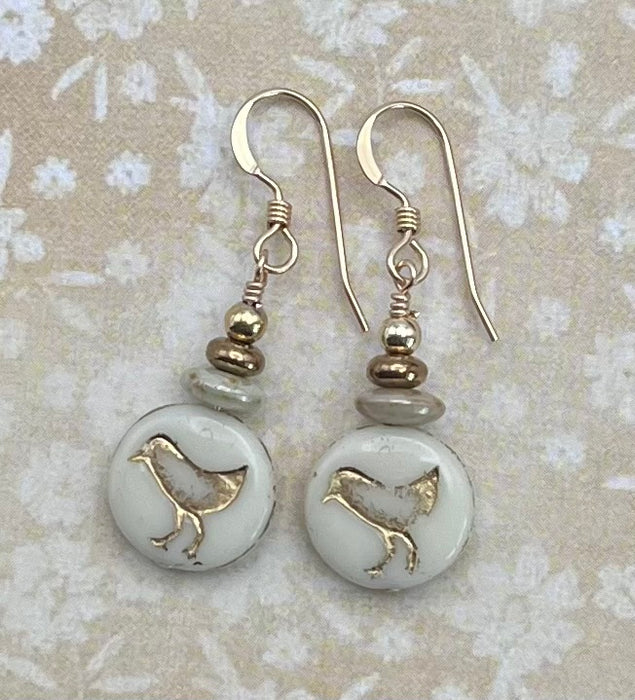 Sweet Sandpiper Ivory Etched Czech Glass Earrings
