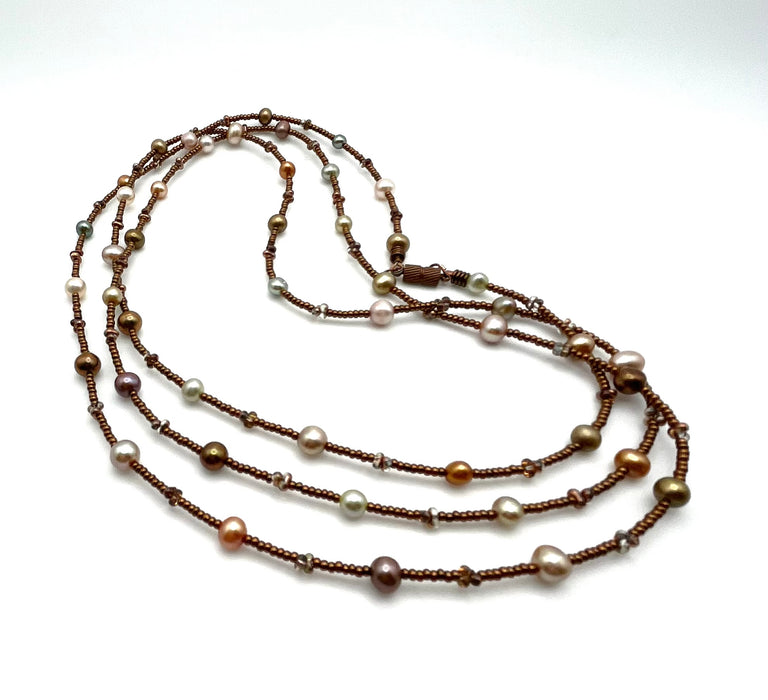 Long freshwater pearl necklace with Czech glass beads