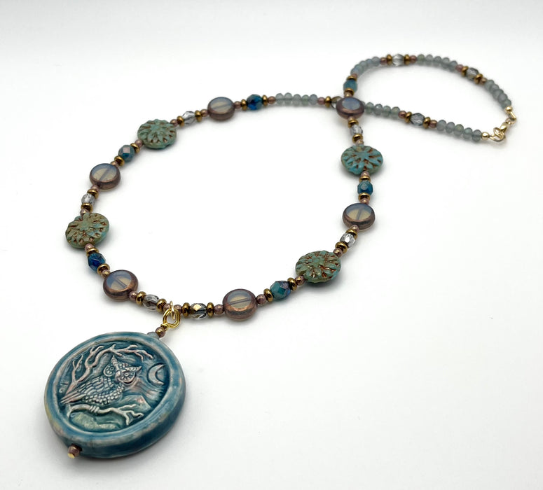 "The Owl" Necklace in Czech Glass with a Porcelain Owl Pendant
