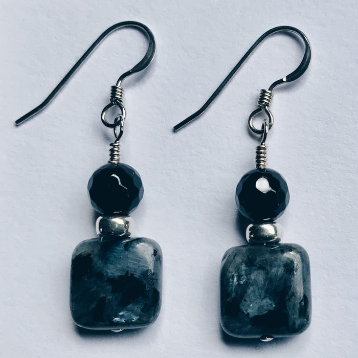 Black Labradorite Earrings with Black Onyx, in Sterling Silver