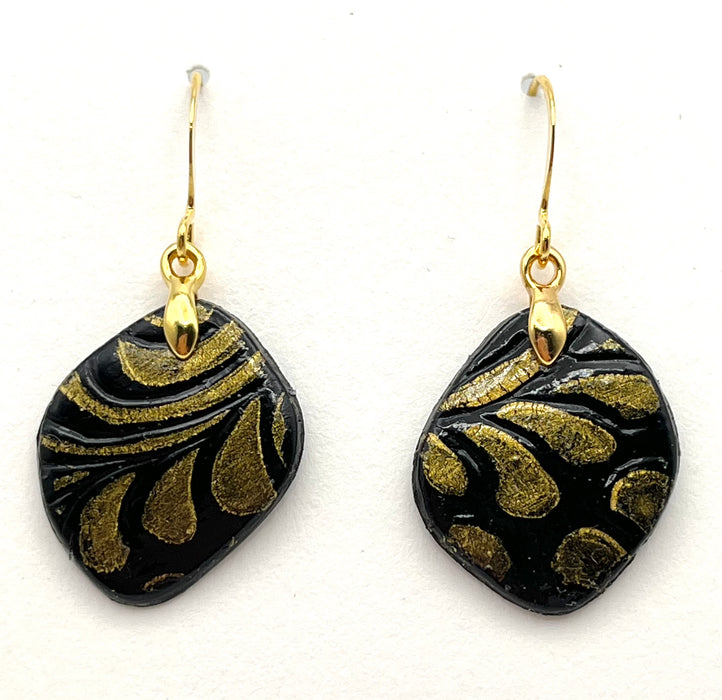 Glossy Black and Gold Freeform Polymer Clay Earrings