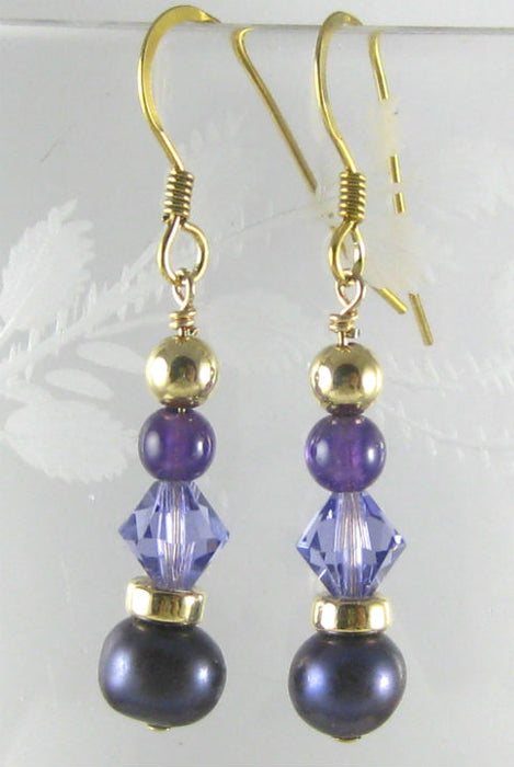 Amethyst, Freshwater Pearl and Crystal Earrings in Gold
